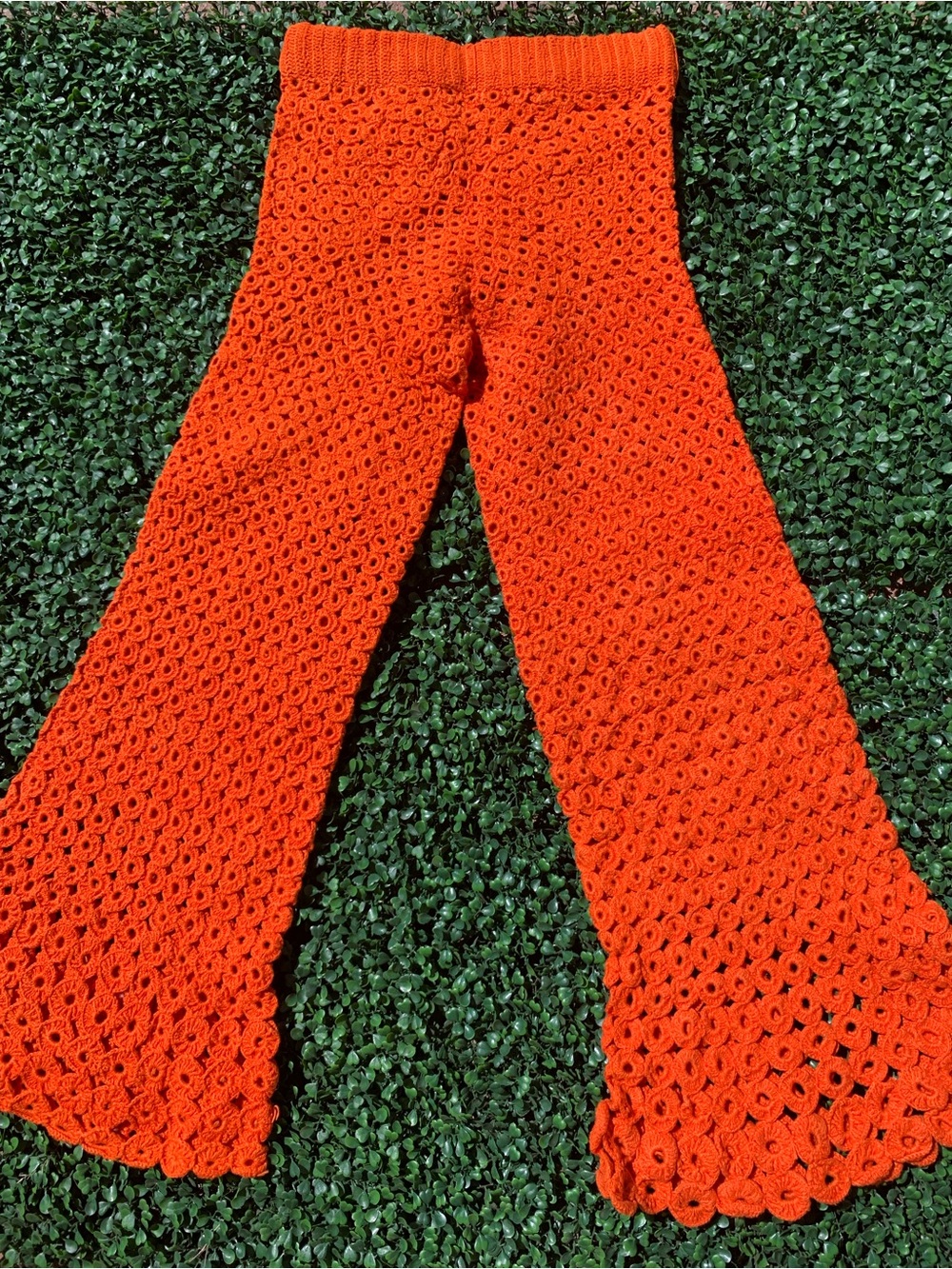 Insanely good handmade vintage 70s boho hippie orange crochet flare leg pants